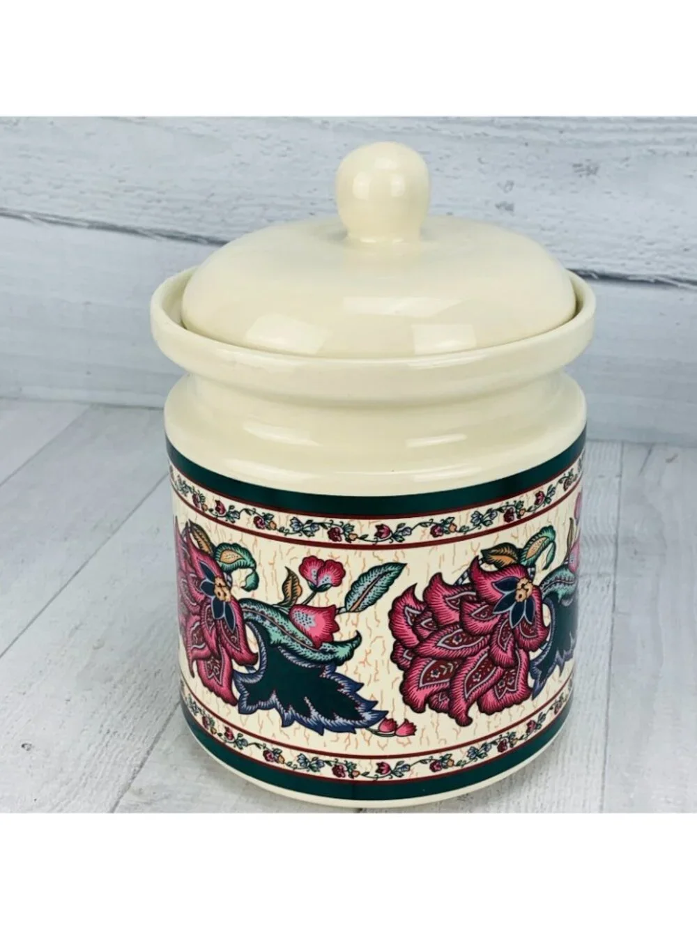 Preferred Stock PAISLEY GARDEN Floral Sprays Green Band Stoneware Flour Canister